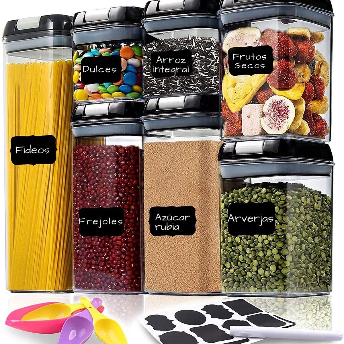 GENERICO - Juego De 7 Frascos Herméticos Con Tapa A Presión Tapa Negra