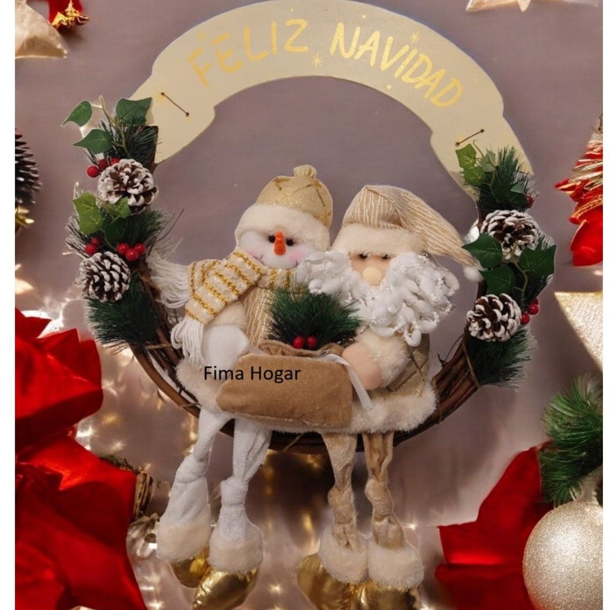 GENERICO - Corona de Navidad Grande colgante para pared y puerta dorado 50 cm