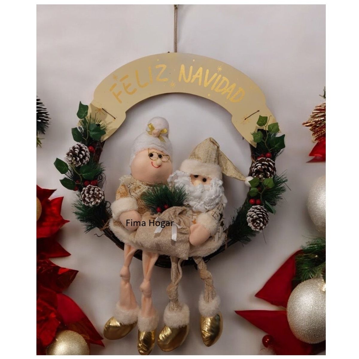 GENERICO - Corona de Navidad Grande colgante para pared y puerta dorado 50 cm