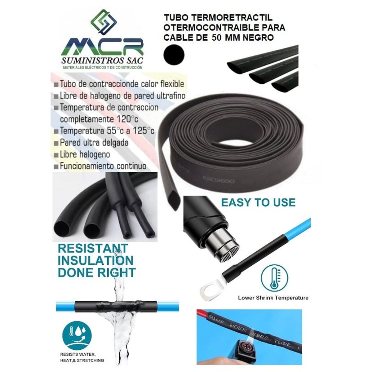 GENERICO - TUBO TERMORETRACTIL O TERMOCONTRAIBLE PARA CABLE DE 50MM X10 MTS