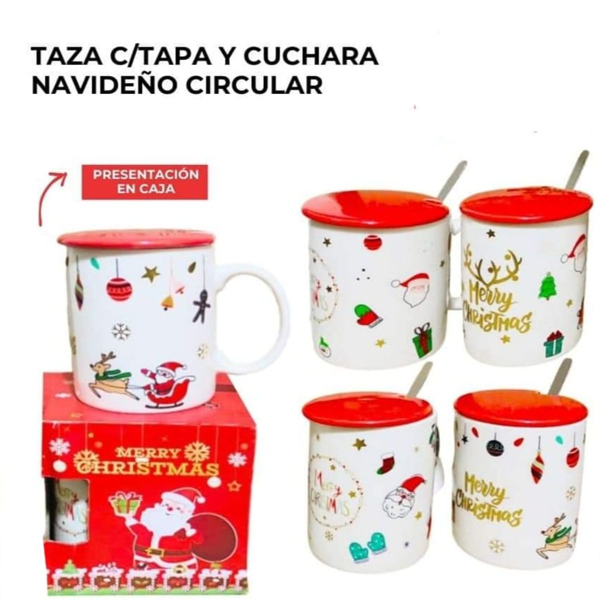 GENERICO - TAZA C/TAPA Y CUCHARA NAVIDEÑA CIRCULAR - PACK DE 4