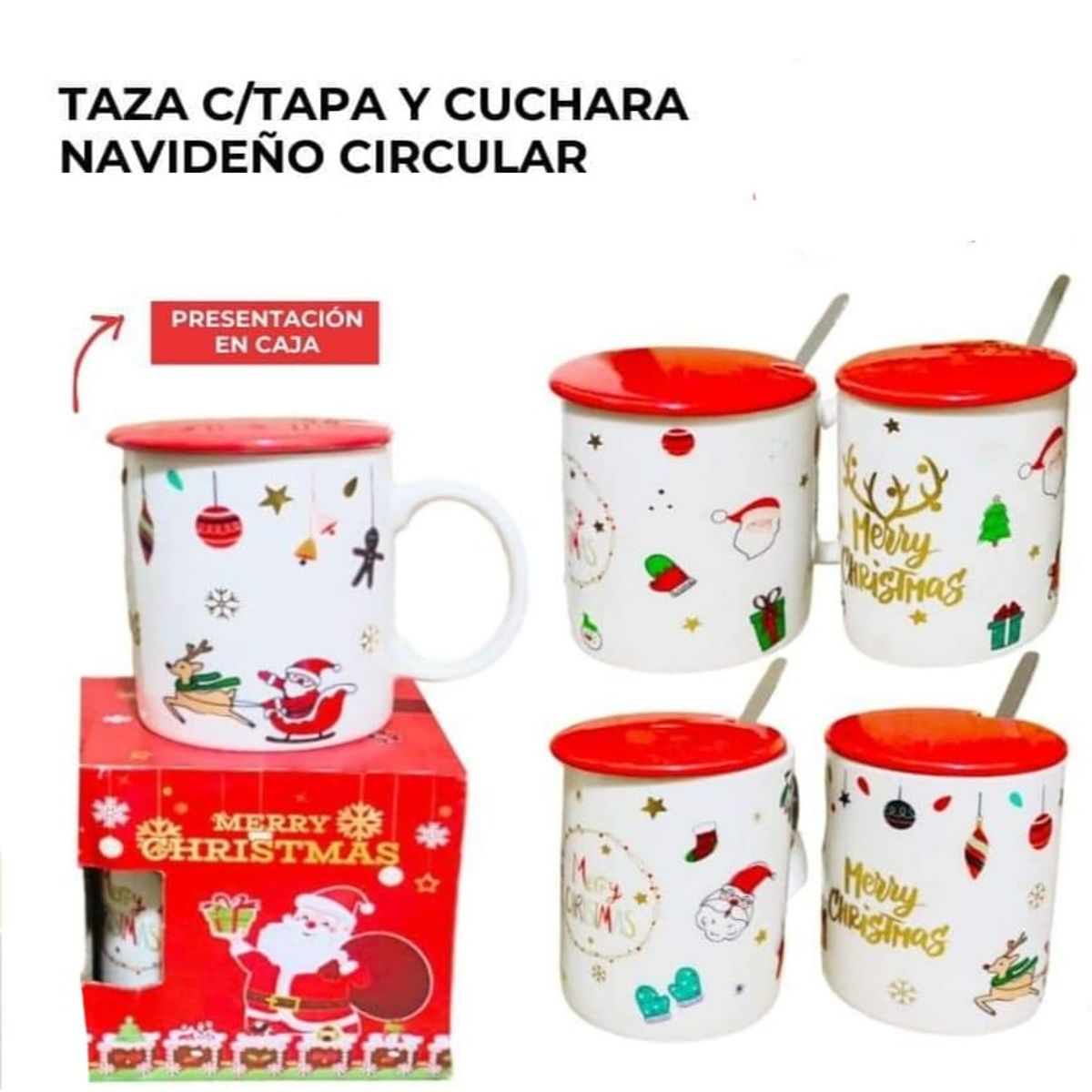 GENERICO - TAZA C/TAPA Y CUCHARA NAVIDEÑA CIRCULAR - PACK DE 4