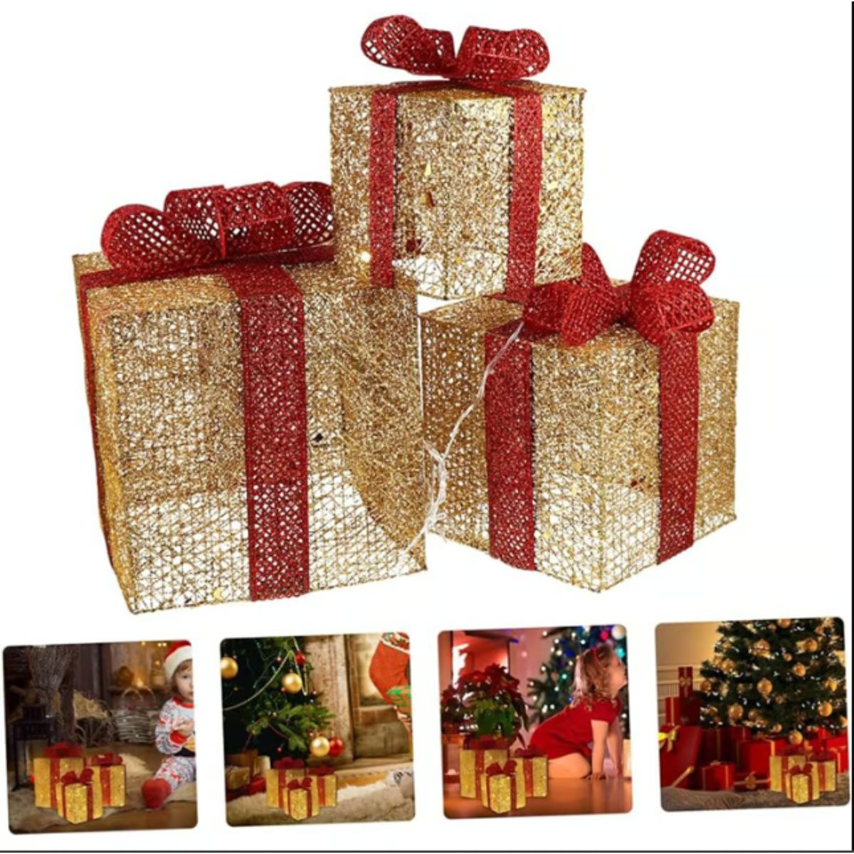 GENERICO - ADORNO SET X3 CAJA DE REGALO CON LUCES LED