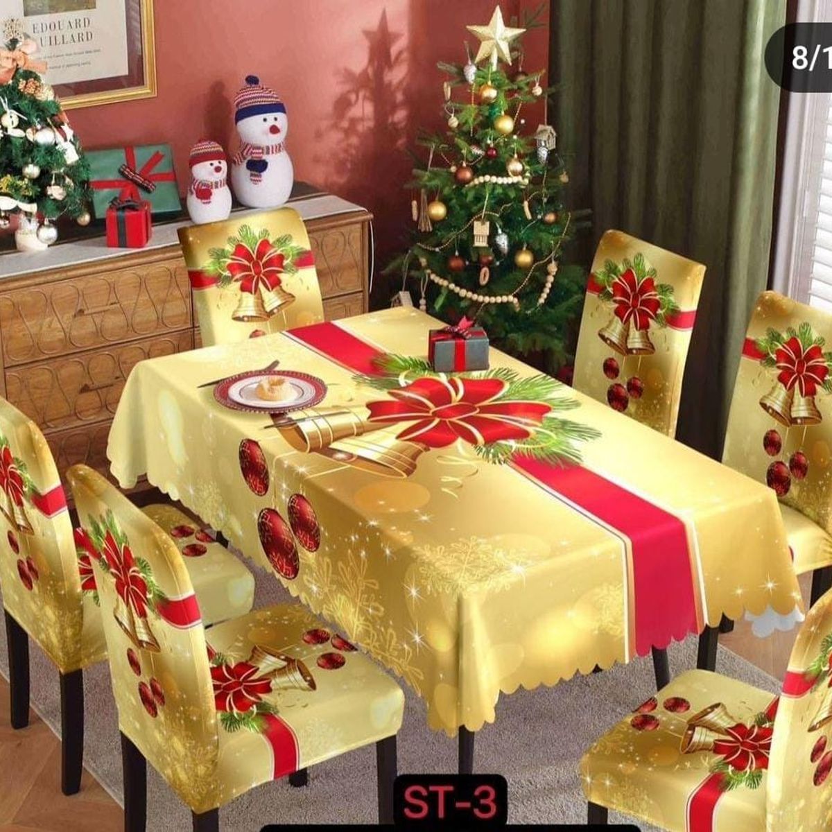 GENERICO - MANTEL NAVIDEÑO ROJO/DORADO + 06 FORROS FUNDA DE SILLA