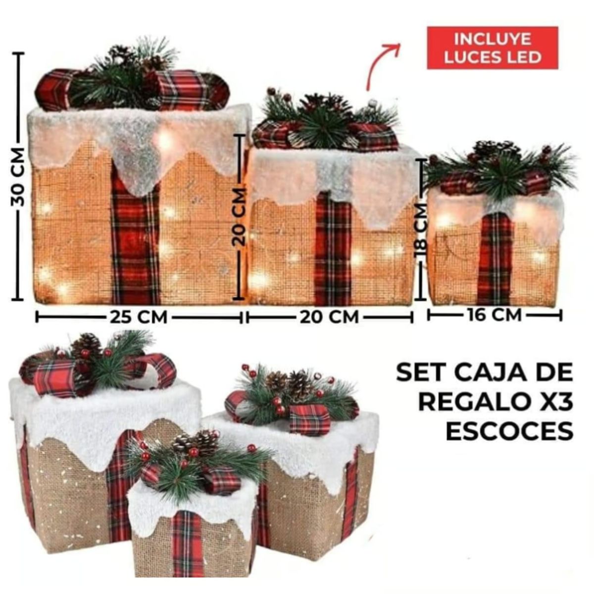 GENERICO - CAJA DE REGALO CON LUCES SET 03PZS