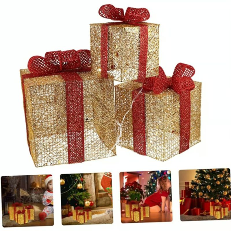 GENERICO - ADORNO SET X3 CAJA DE REGALO CON LUCES LED