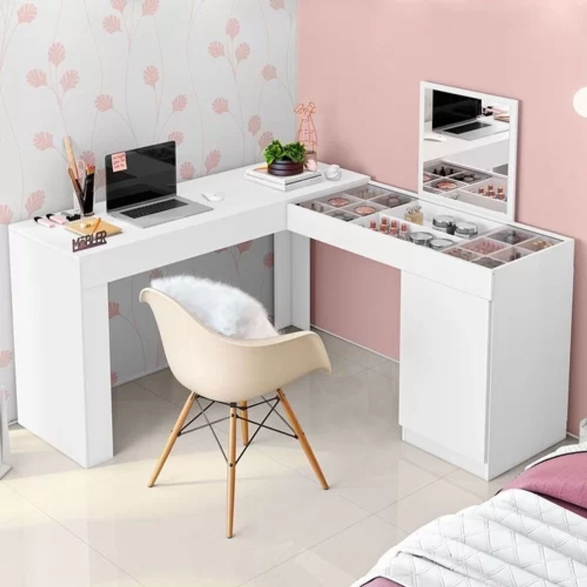 TU MESITA - Escritorio + Tocador en L con espejo Altair color Blanco TU MESITA