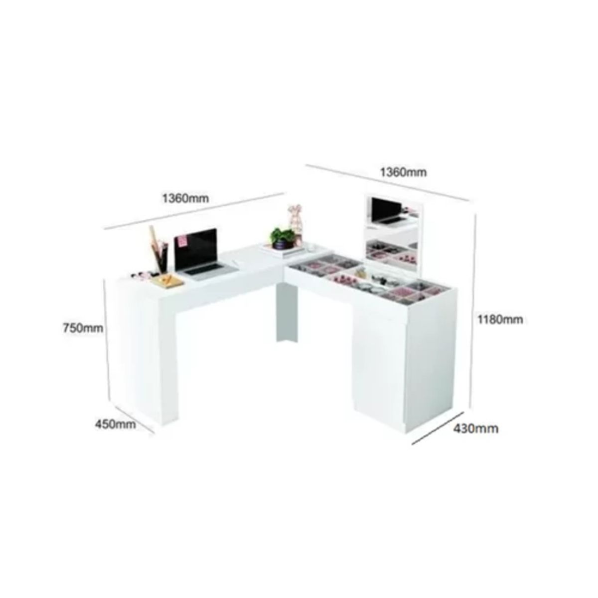 TU MESITA - Escritorio + Tocador en L con espejo Altair color Blanco TU MESITA