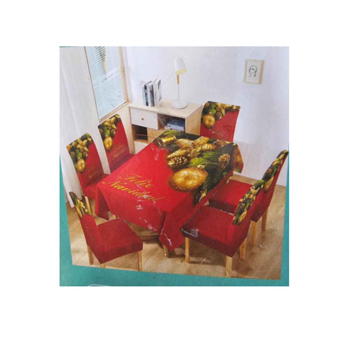 GENERICO - MANTEL ROJO NAVIDEÑO + 06 Forros Funda De Silla