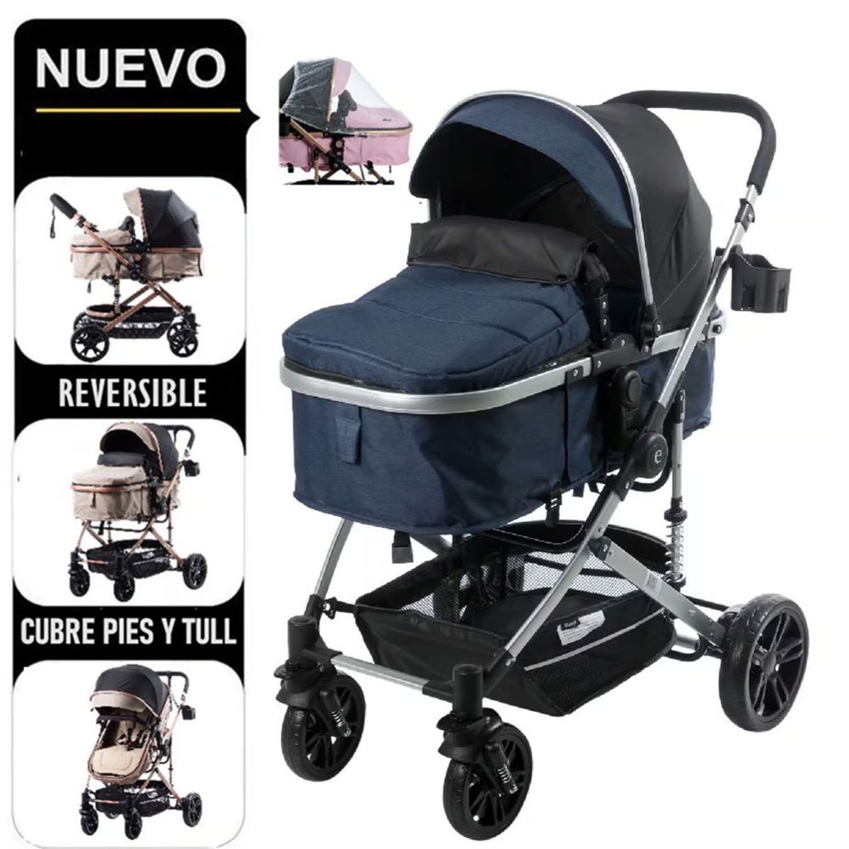 EBABY - Coche Moises para Bebe Bigi con Mango Reversible Azul