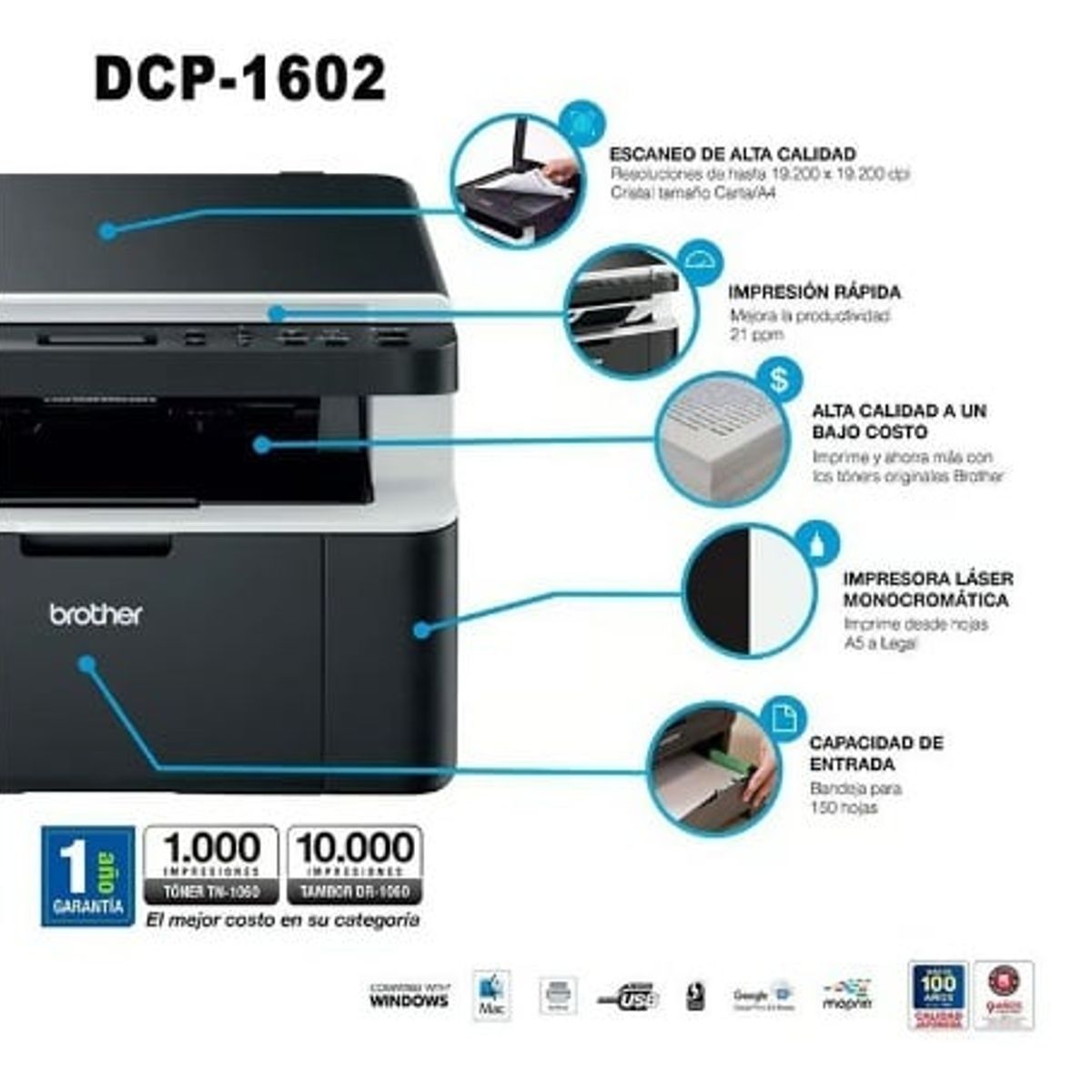 BROTHER - Impresora Láser Brother DCP-1602 Multifuncional Monocromática USB