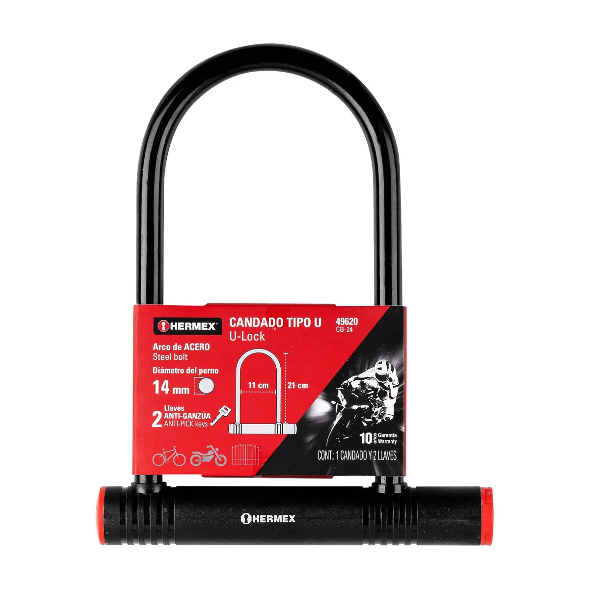 HERMEX - Candado Rígido Tipo U Bicicleta 49620 Hermex