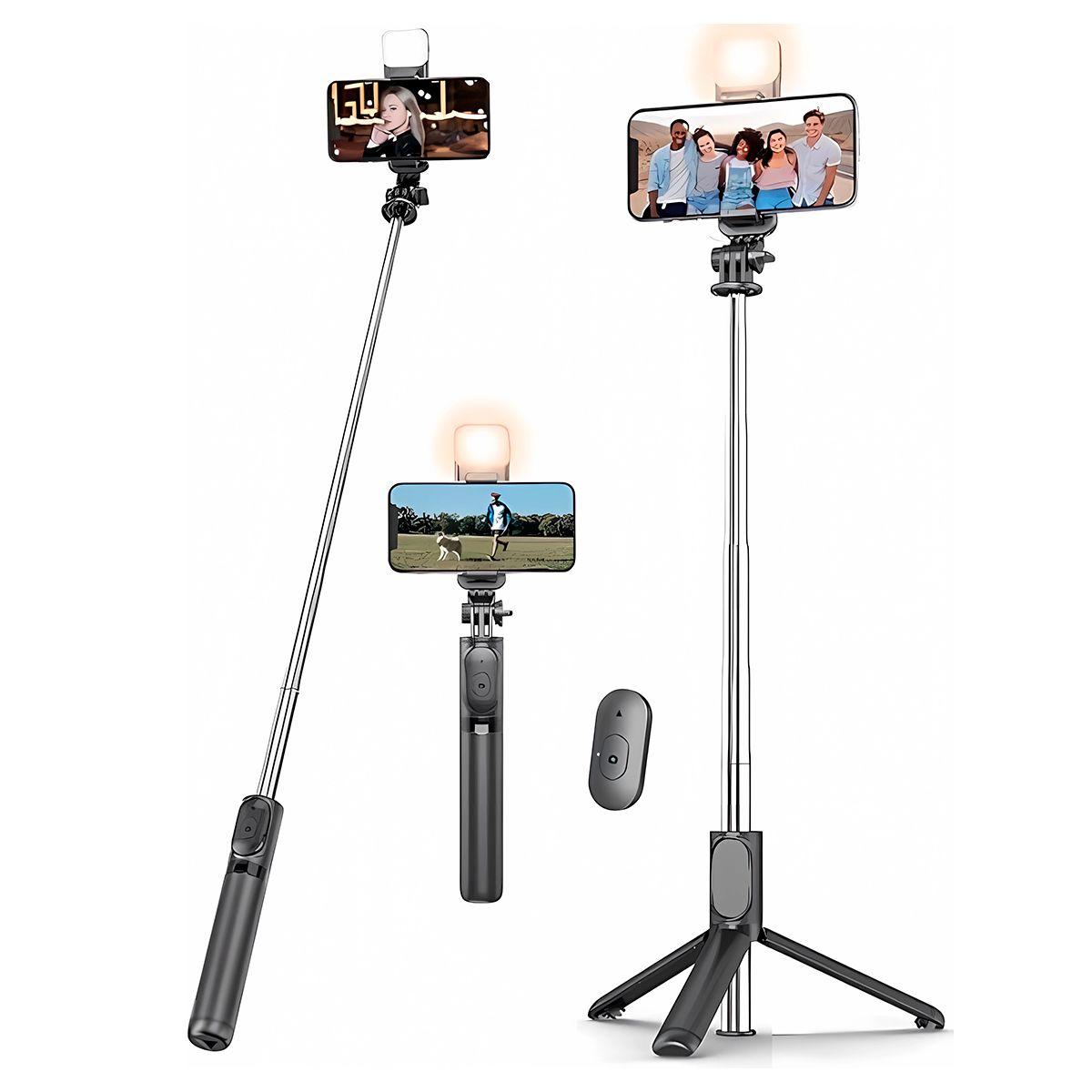 GENERICO - Palo Selfie con Trípode Extensible Negro + Foco