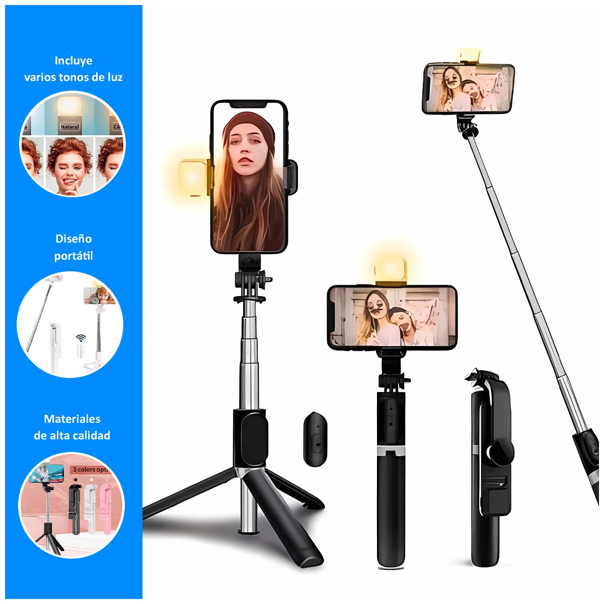 GENERICO - Palo Selfie con Trípode Extensible Negro + Foco