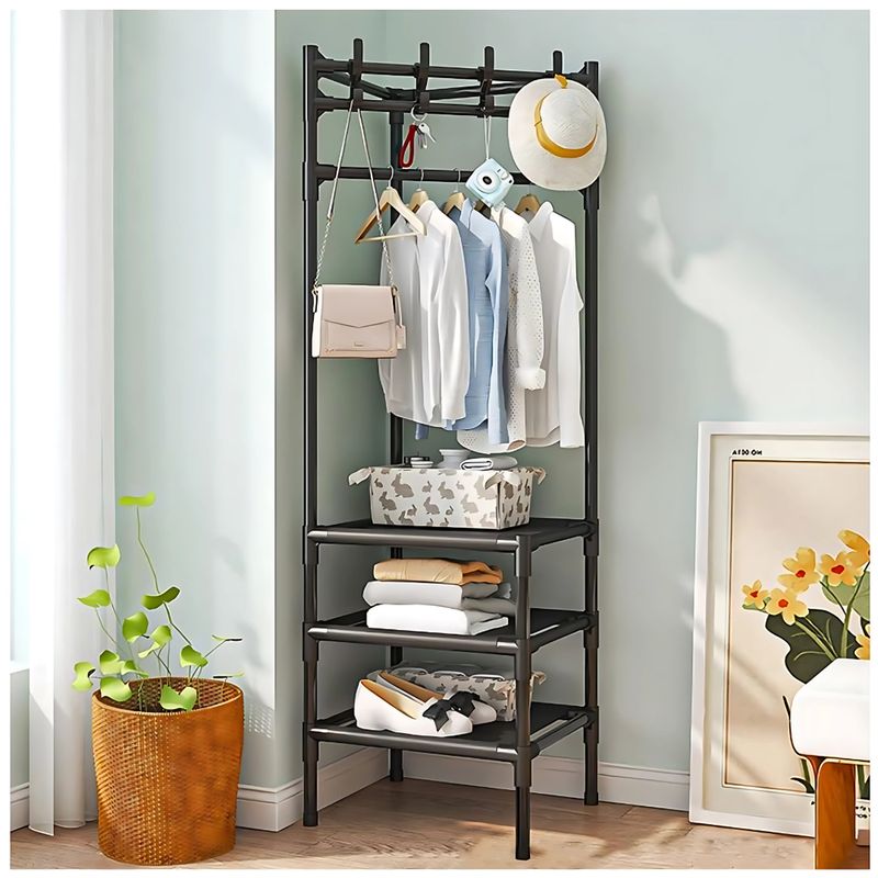 GENERICO - Estante Colgador de Ropa Esquinero con 3 Repisas 190x42x42cm - Negro