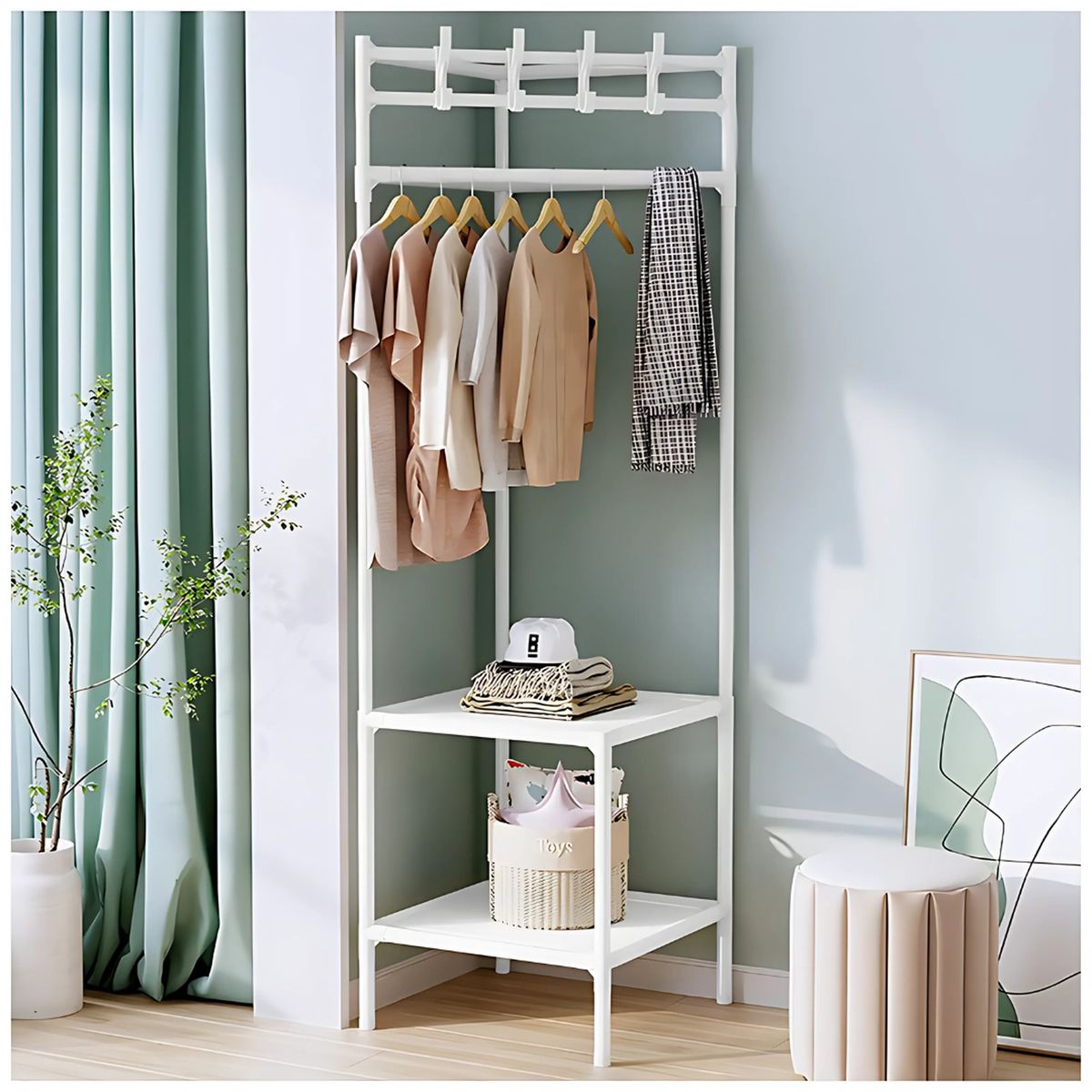 GENERICO - Estante Colgador de Ropa Esquinero con 2 Repisas 180x42x42cm - Blanco