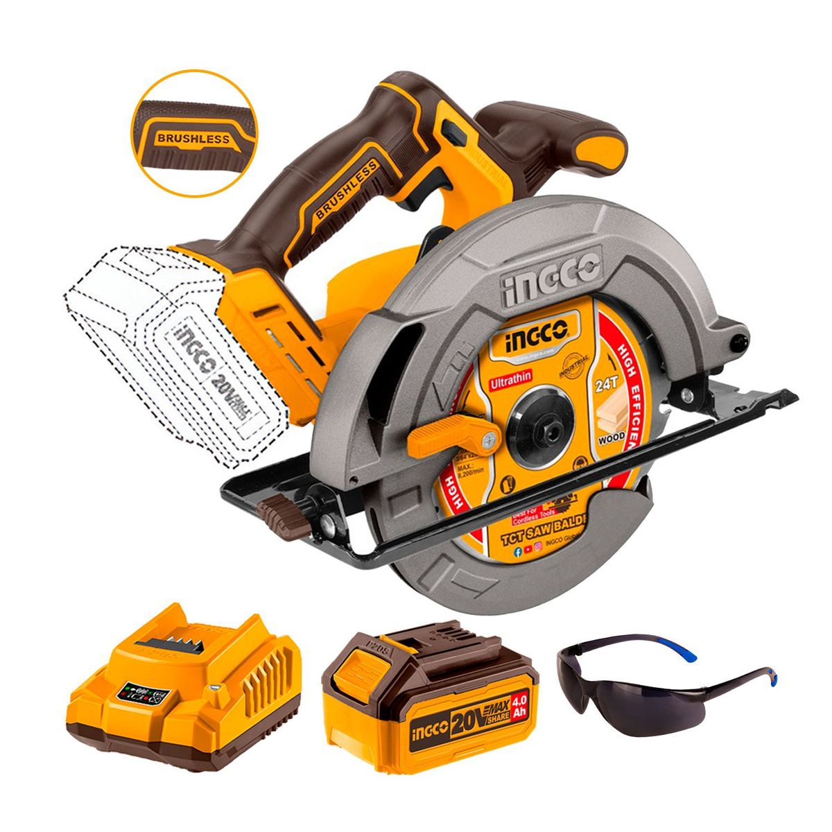 INGCO TOOLS - SIERRA CIRCULAR 20V 7¼ CORTADORA BRUSHLESS+ BAT 40AH INGCO