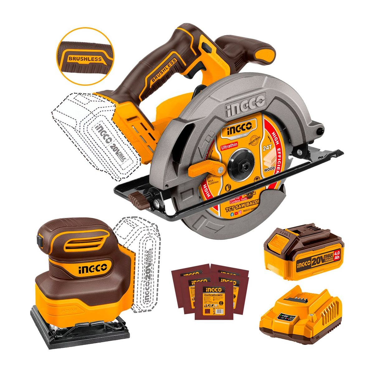 INGCO TOOLS - LIJADORA ORBITAL 20V LIJAS + SIERRA CIRCULAR 20V + BATERIA 40AH