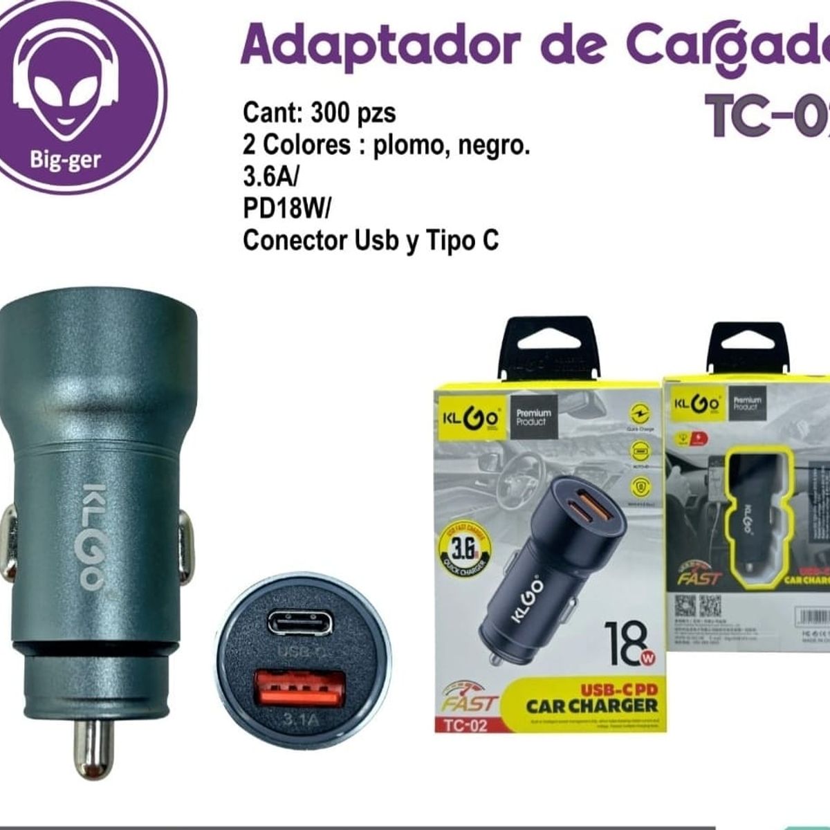 GENERICO - CARGADOR PARA CARRO KLGO18W CONECTOR USB Y TIPO C