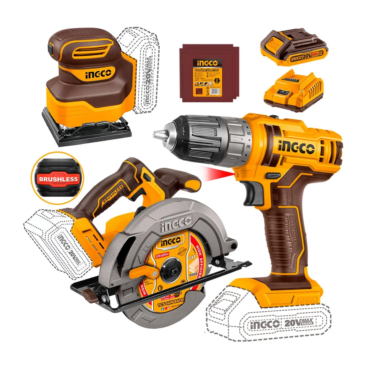 INGCO TOOLS - LIJADORA ORBITAL 20V LIJAS+ TALADRO 20V+ SIERRA CIRCULAR 20V