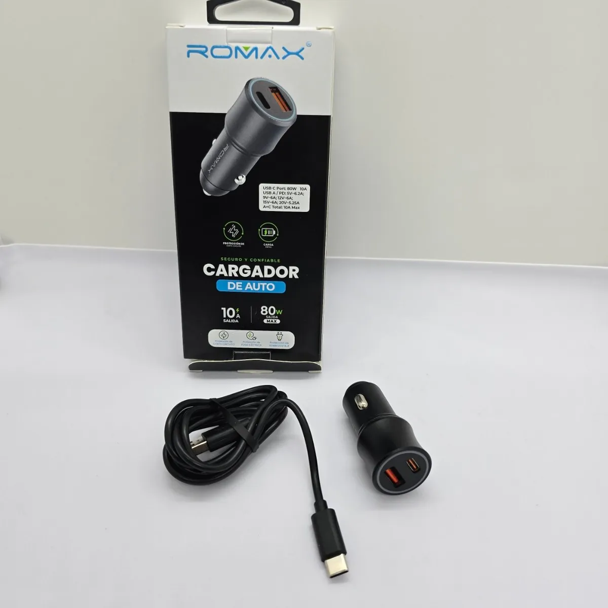 ROMAX - CARGADOR PARA CARRO ROMAX 80W 10A CABLE TYPE C