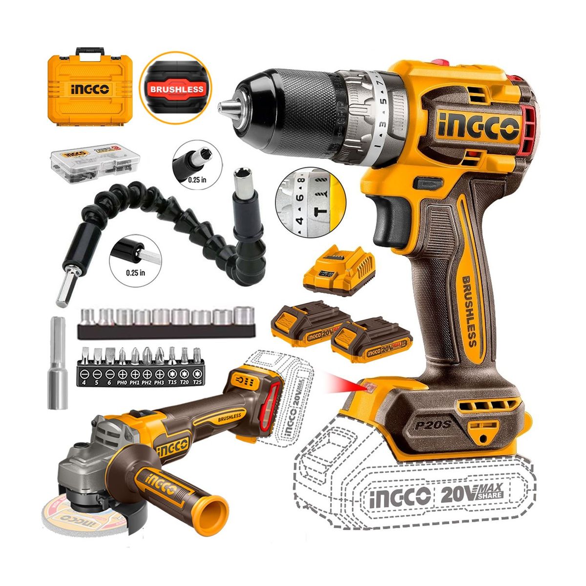INGCO TOOLS - TALADRO PERCUTOR BRUSHLESS 20V + AMOLADADORA 20V INGCO