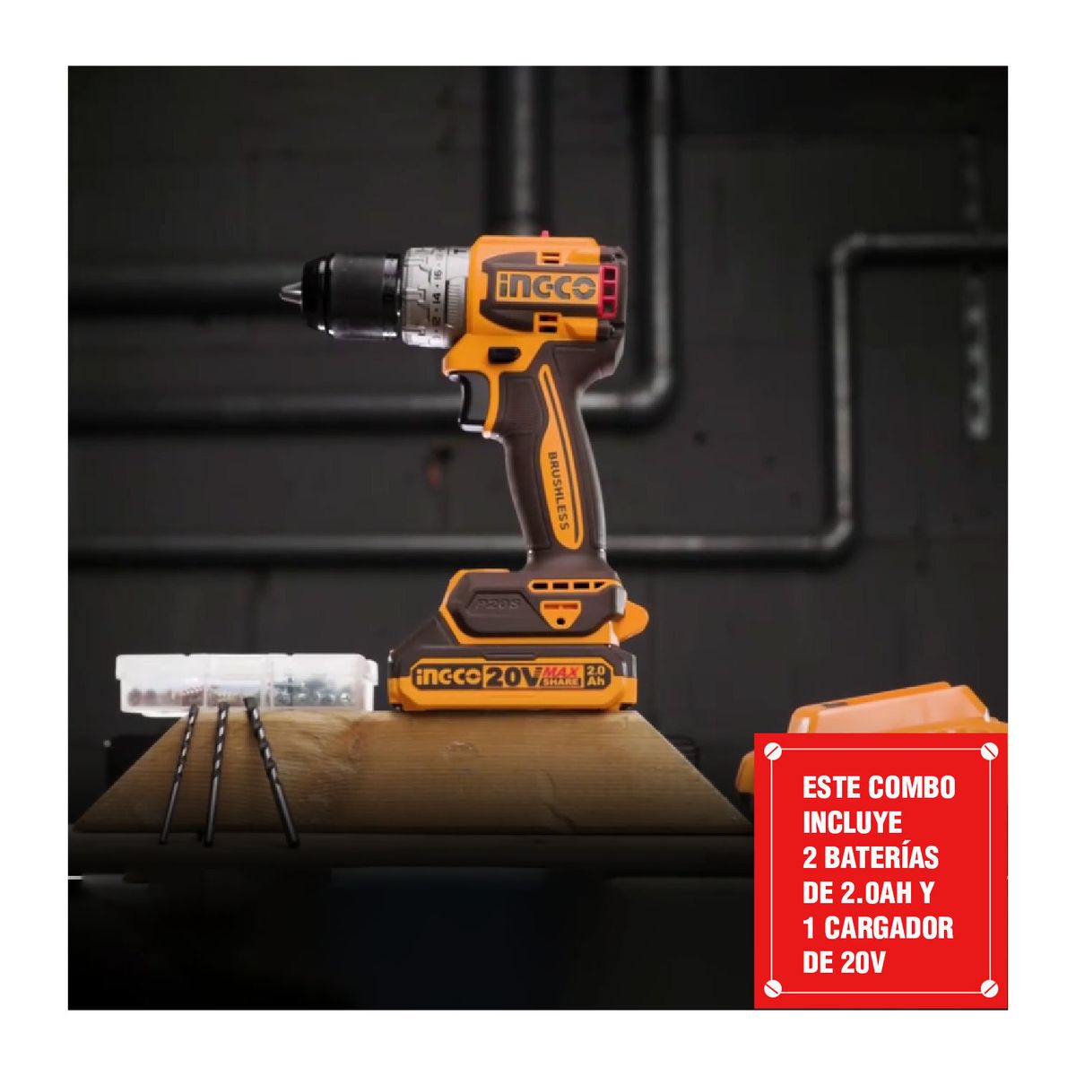 INGCO TOOLS - TALADRO PERCUTOR BRUSHLESS 20V + AMOLADADORA 20V INGCO