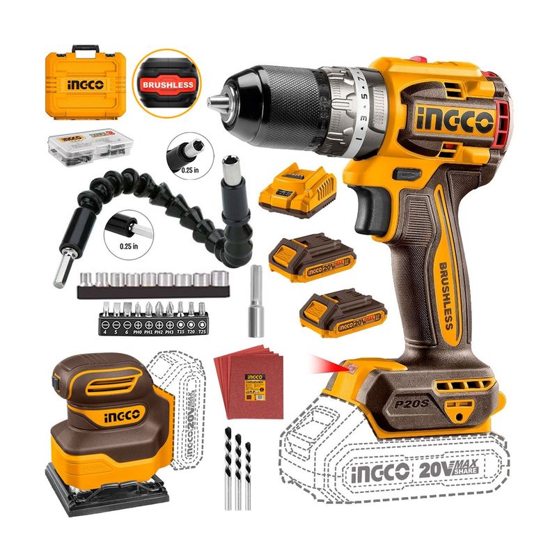 INGCO TOOLS - TALADRO PERCUTOR BRUSHLESS 20V+ LIJADORA ORBITAL 20V INGCO