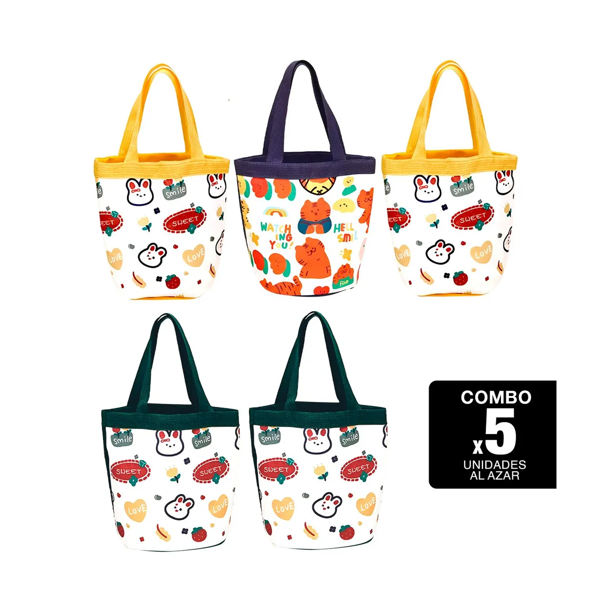 GENERICO - BOLSO DE MANO X5 UNIDADES LONA PORTÁTIL ESTAMPADO COMPRAS KAWAI