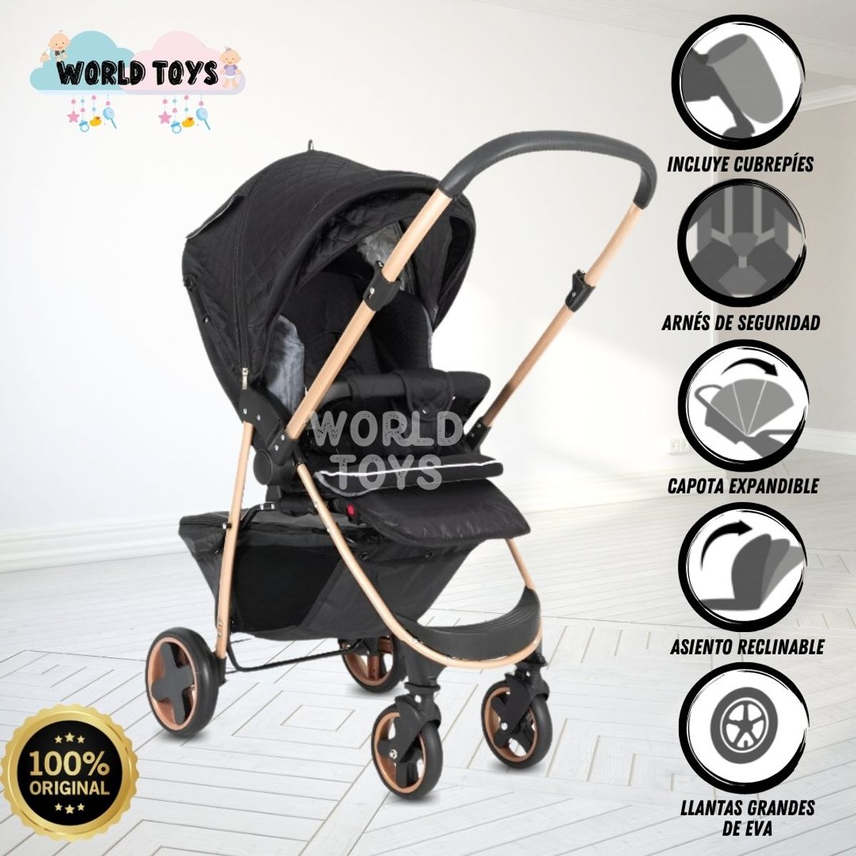 BABY - Coche Cuna de Lujo «VALENCIA GOLD» Original Black