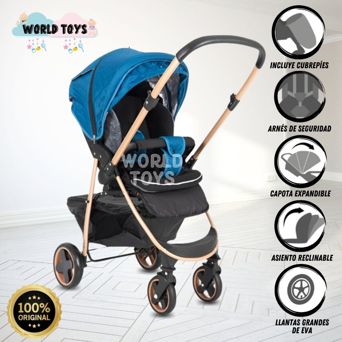 BABY - Coche Cuna de Lujo «VALENCIA GOLD» Original Blue
