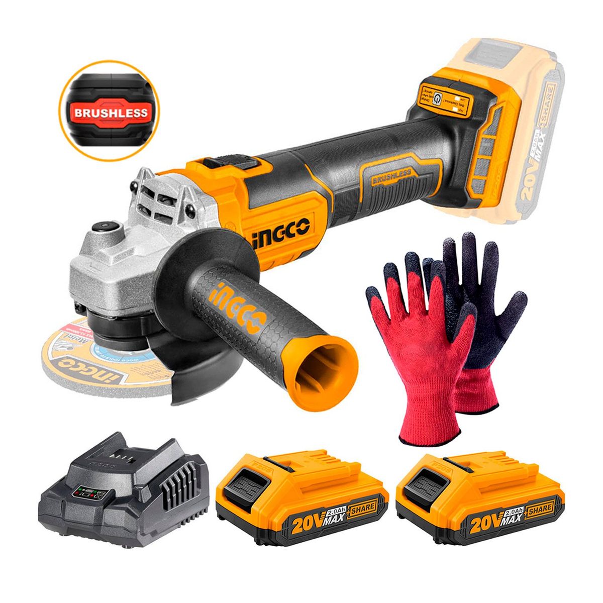 INGCO TOOLS - AMOLADORA ANGULAR 20V BRUSHLESS 4 1/2'+ 2 BATERÍAS + GUANTES INGCO