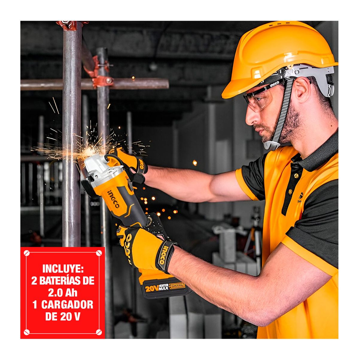 INGCO TOOLS - AMOLADORA ANGULAR 20V BRUSHLESS 4 1/2'+ 2 BATERÍAS + GUANTES INGCO