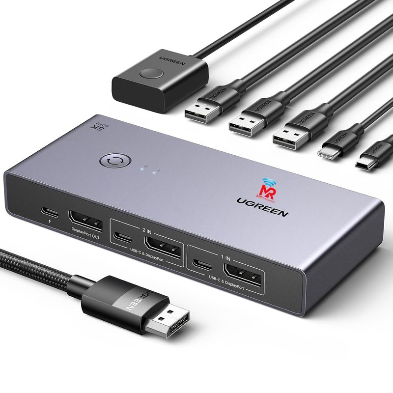 UGREEN - Conmutador Ugreen Kvm Displayport 8k 2 A 1 4 Puertos Usb 3.0