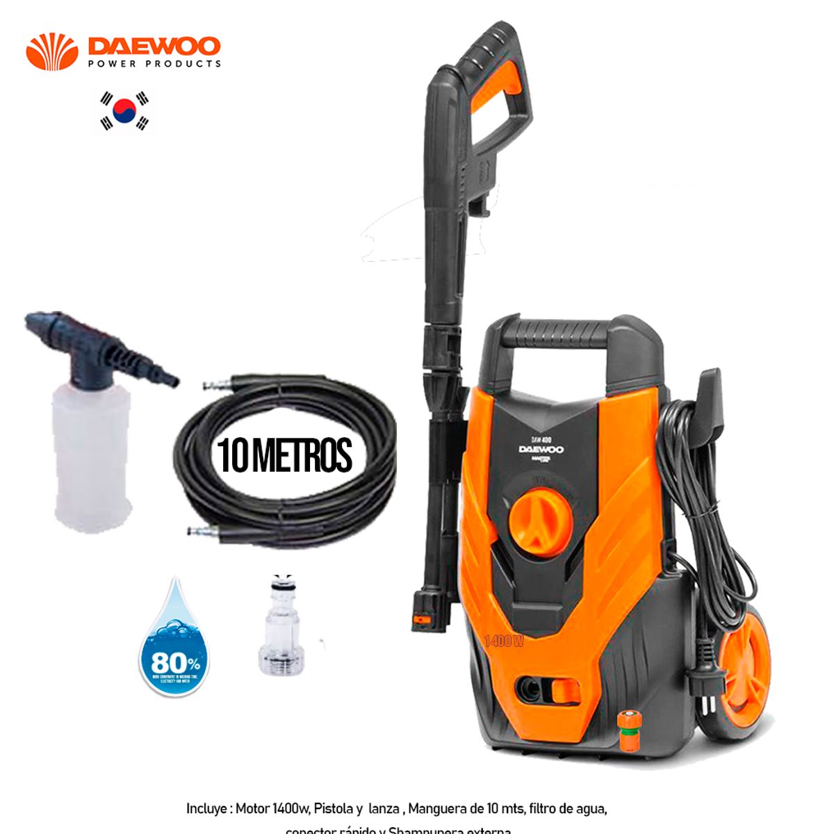 DAEWOO - Hidrolavadora de alta presion DAEWOO 1500 PSI -1400w Manguera 10 Mts