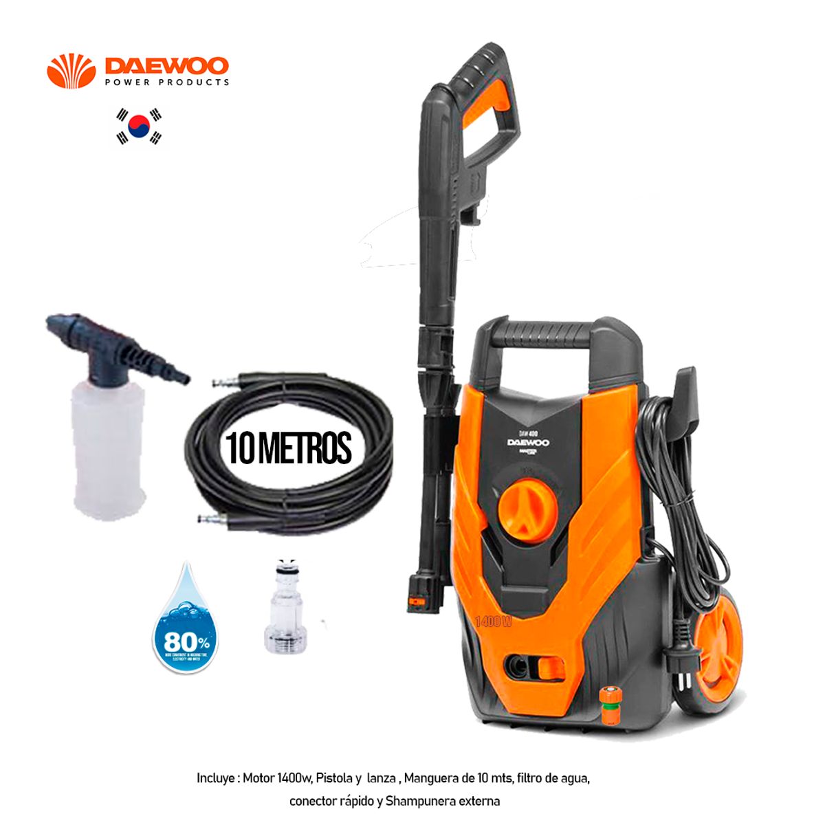 DAEWOO - Hidrolavadora de alta presion DAEWOO 1500 PSI -1400w Manguera 10 Mts