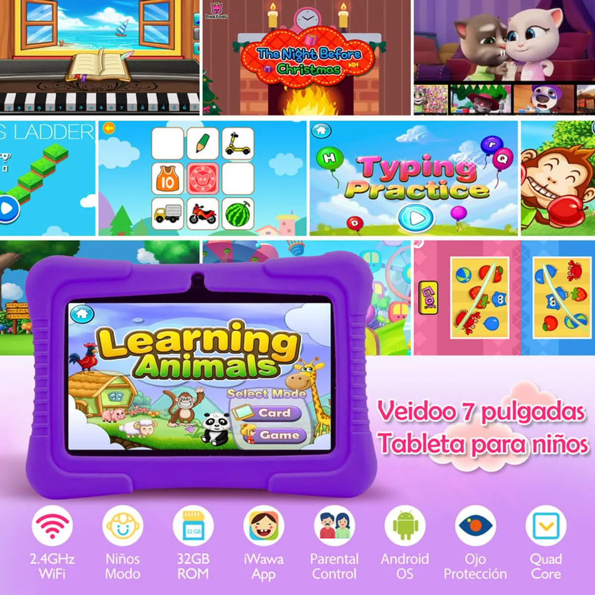 VEIDOO - Tablet Kids Veidoo 32GB 7 IPS Control parental--Violeta