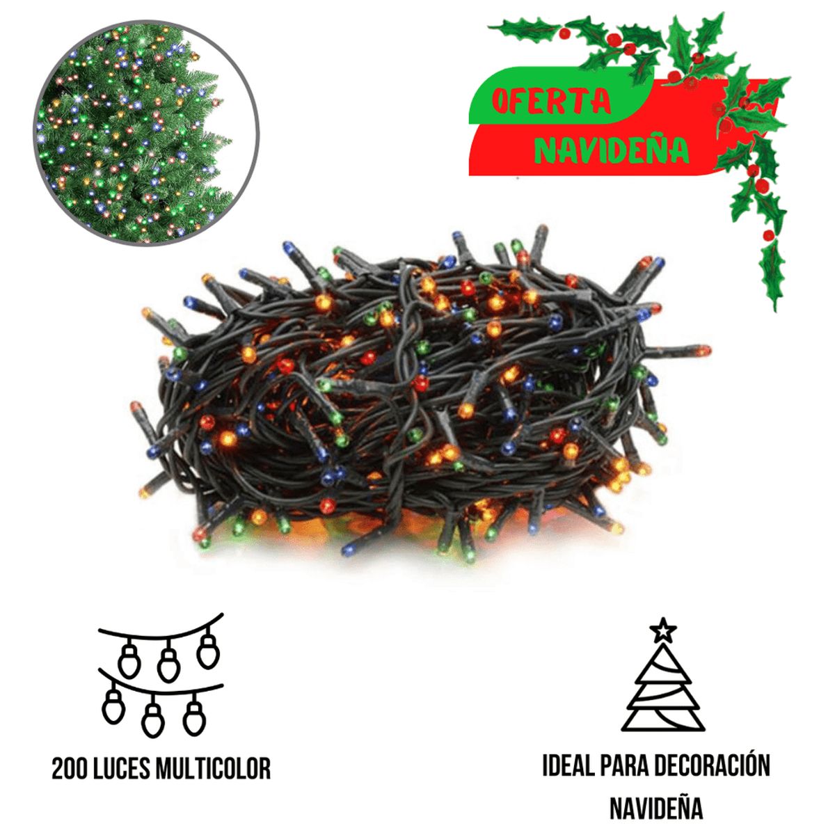 GENERICO - LUCES LED 200 BOMBILLOS NAVIDEÑOS MULTICOLORES MUSICALES