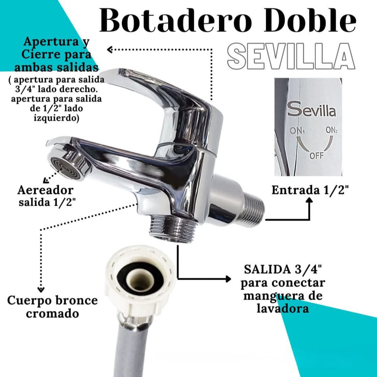 GENERICO - Grifo Llave Botadero Monomando para conectar Lavadora de Latón Cromado