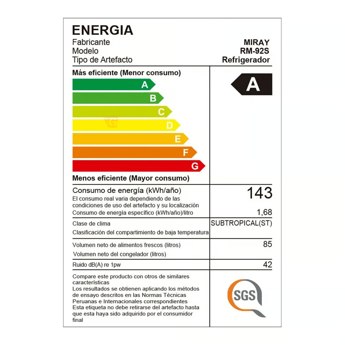 MIRAY - Frigobar Refrigeradora Miray RM-93M 93 L