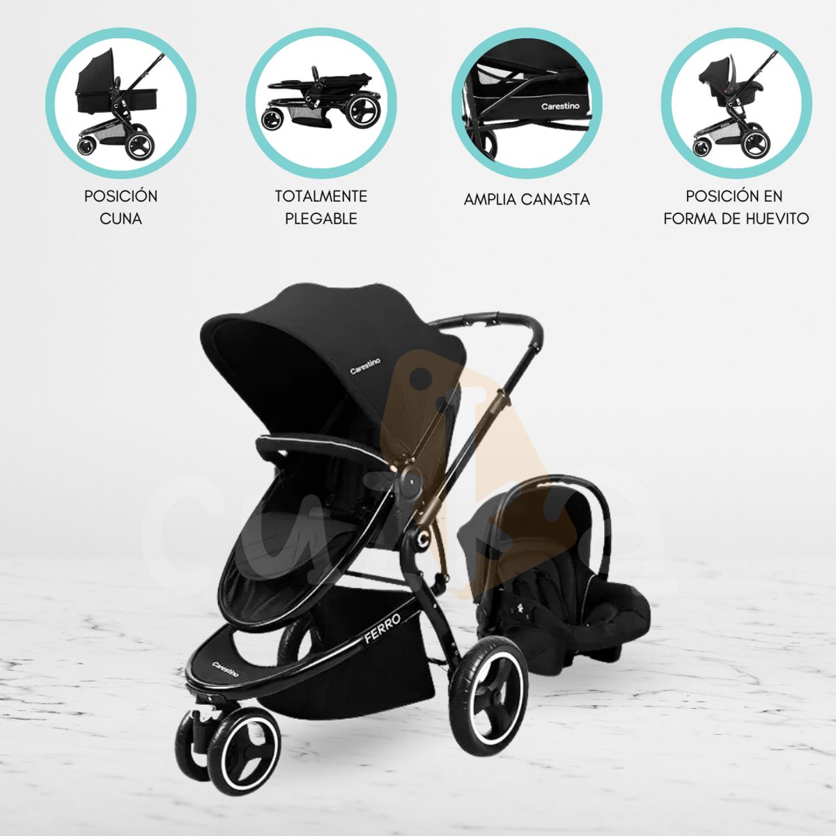 CARESTINO - Coche Moises con Accesorios «FERRO» Black