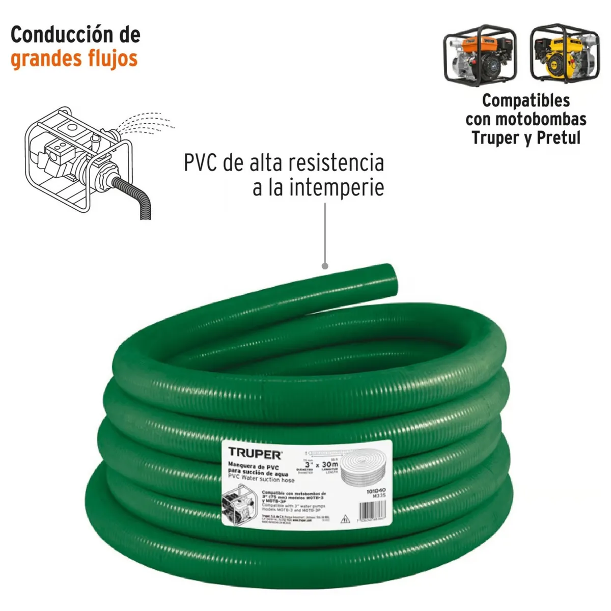 TRUPER - Manguera para motobomba, 3 pulgada, manguera de succion 30 metros.