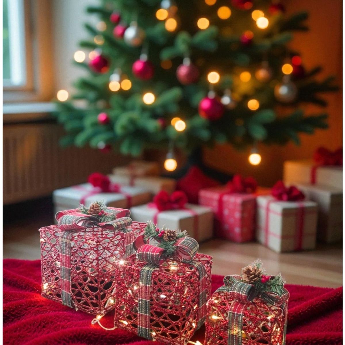GENERICO - Set Caja De Regalo De Navidad Con Luces Rojo