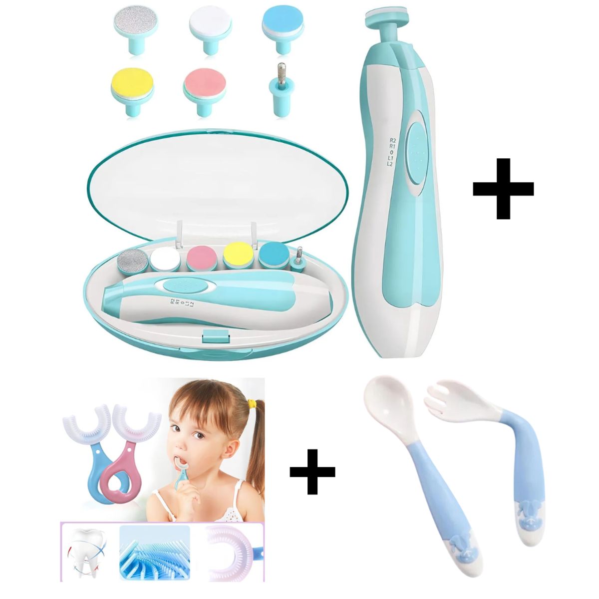 GENERICO - Pulidor de Uñas de Bebes Celeste+Cepillo+Cuchara y tenedor flexible