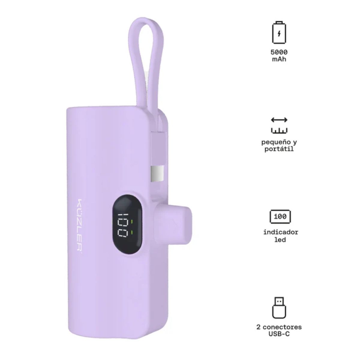 KUZLER - Mini Cargador Power Bank de 5,000 mAh ILSE-101M Morado