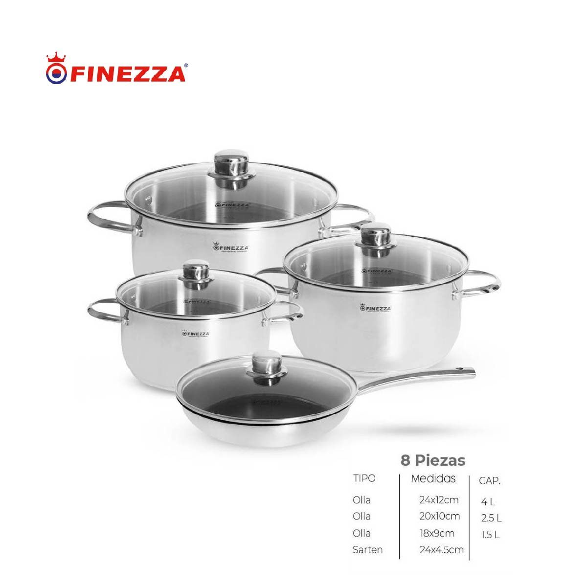 FINEZZA - Juego de ollas acero inoxidable FZ-976AE-IN FINEZZA 8 PZAS