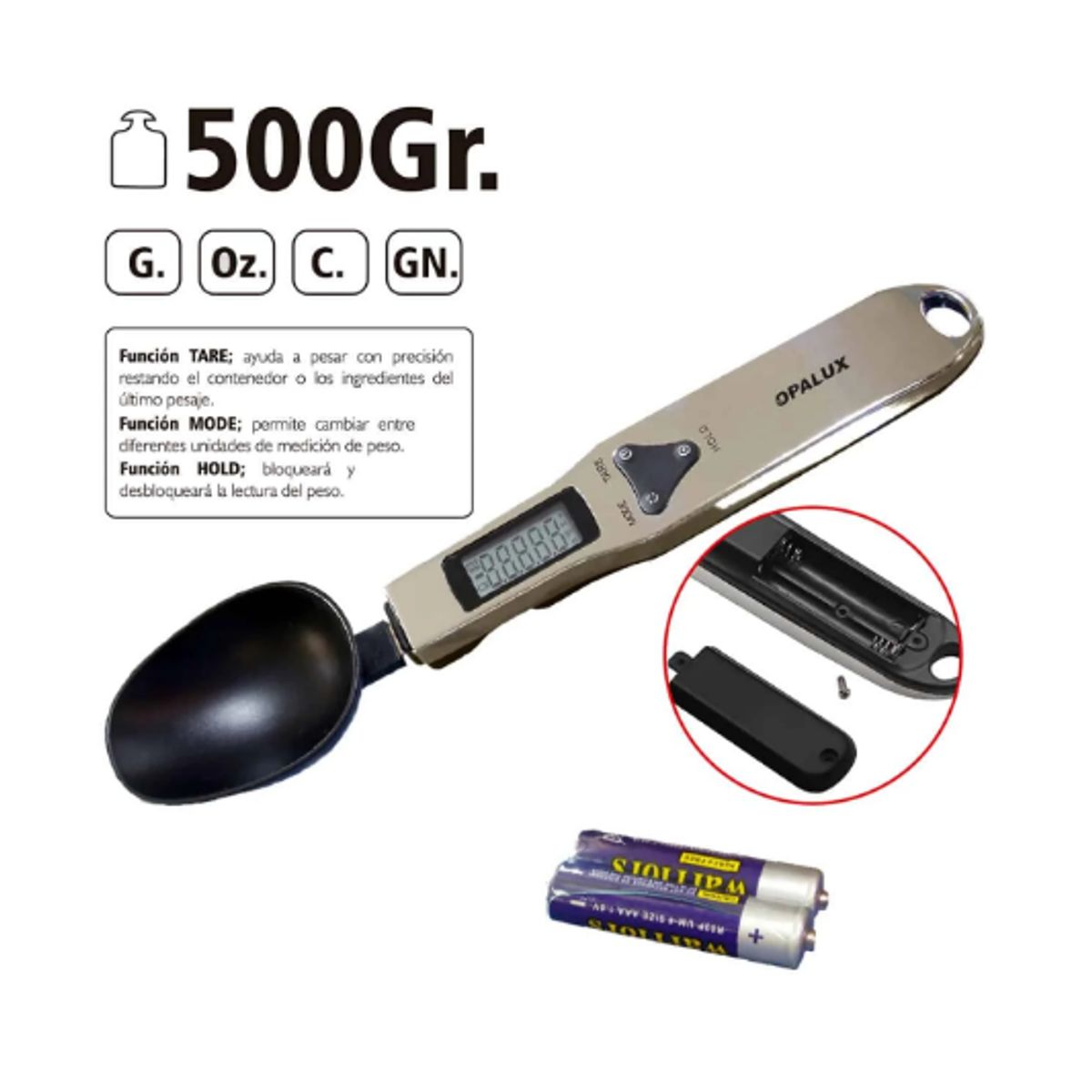 OPALUX - Balanza Digital tipo Cuchara 500g OP-SPCL5 OPALUX