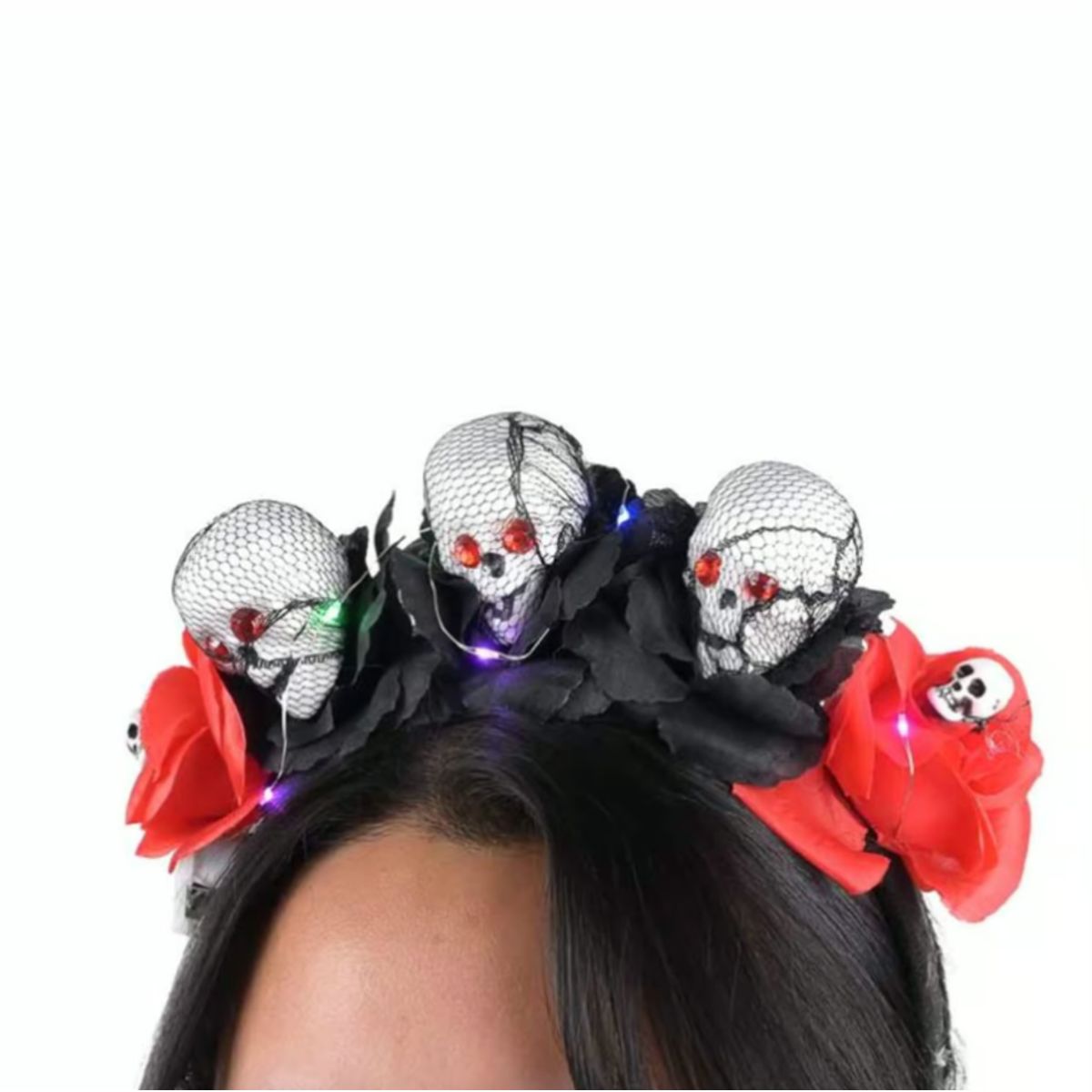 GENERICO - HALLOWEEN - Vincha de plástico con luz calaveras con flores