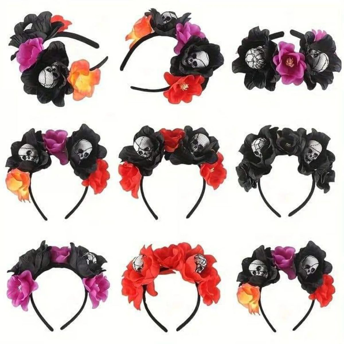 GENERICO - HALLOWEEN - Vincha de plástico con luz calaveras con flores