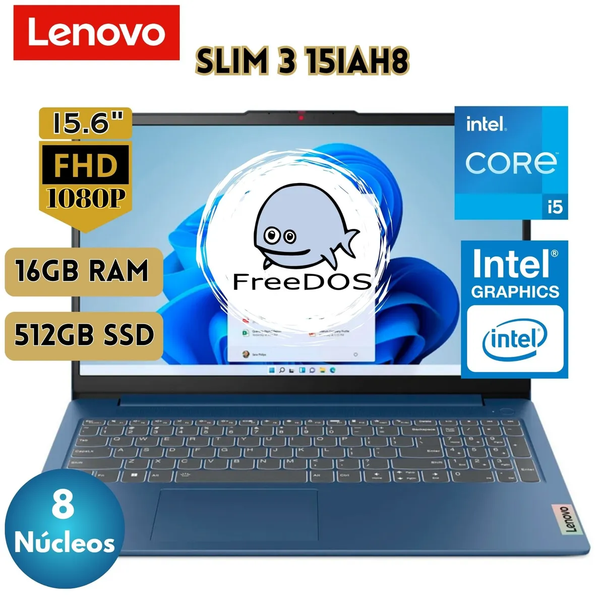 LENOVO - Laptop Lenovo IdeaPad Slim 3 15IAH8 15.6" FHD, Intel Core i5 12va Gen. 16GB 512GB SSD FREEDOS
